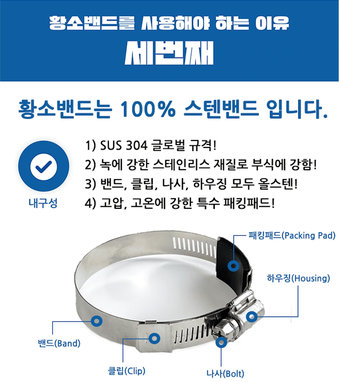 황소밴드 호스밴드 규격 및 특징 - 3배 강력한 조임력 반영구 사용
